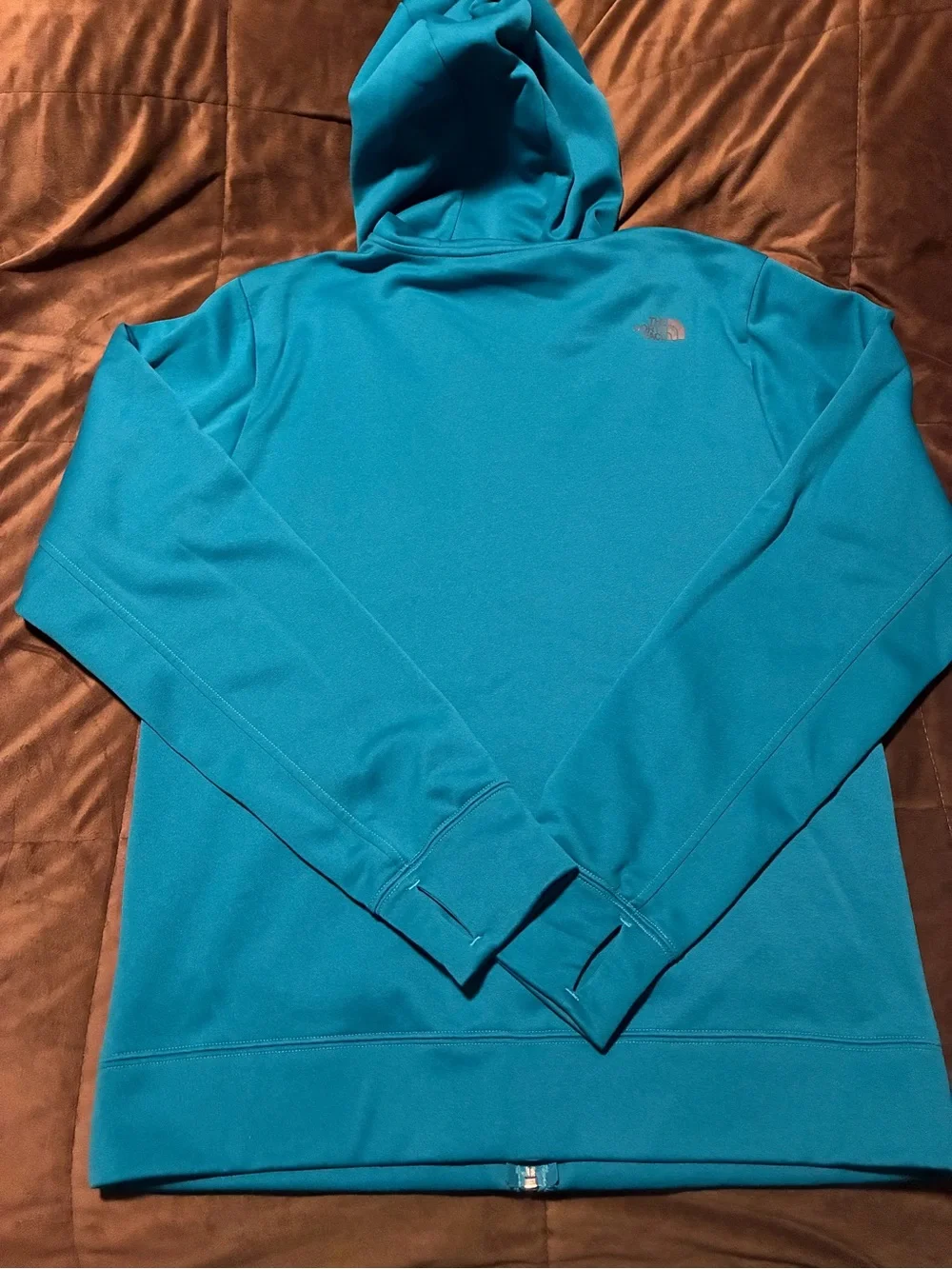 The North Face Blue Zip-Up Hoodie with Logo, size medium, warm, comfortable